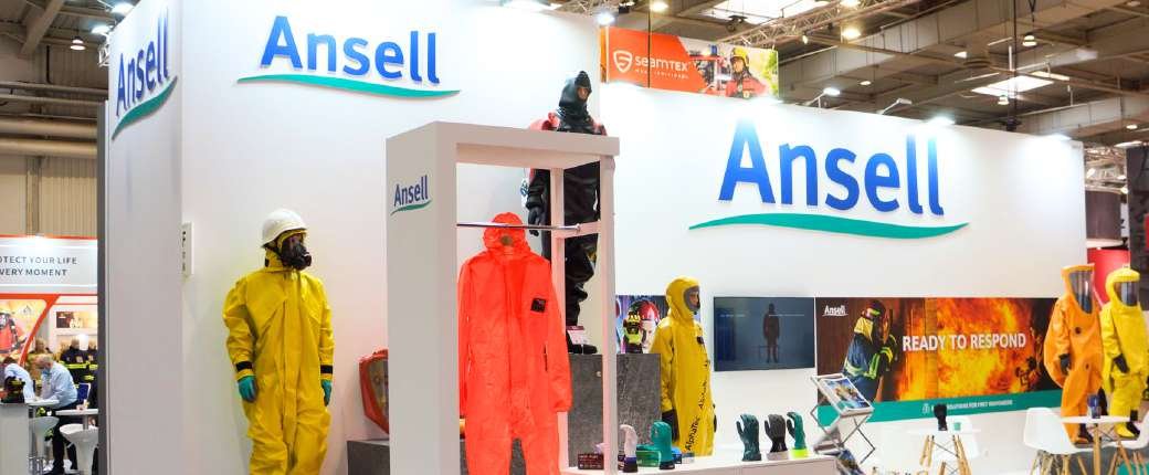 Ansell stand displaying protective suits and safety equipment at Interschutz in Hannover