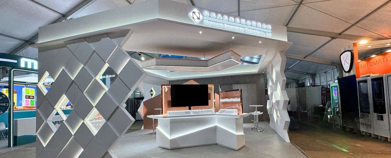 Metallic angular Nanyang exhibition stand at InterTabac at Messe Dortmund
