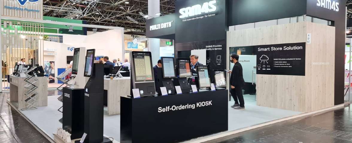 SAM4S stand displaying self-ordering kiosks at EuroCIS in Düsseldorf