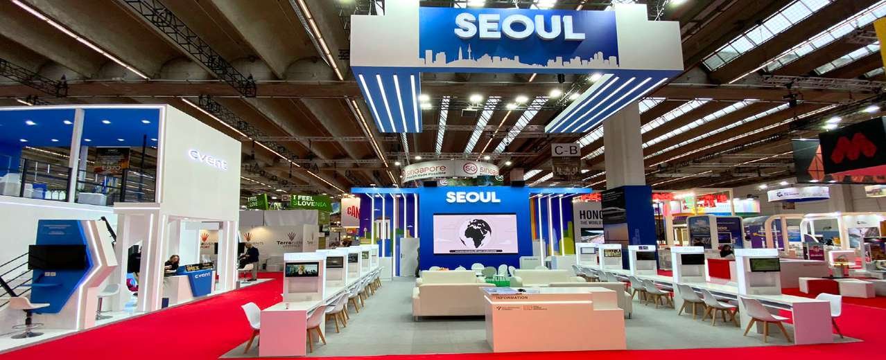 Seoul destination pavilion with blue illuminated canopy at IMEX in Frankfurt